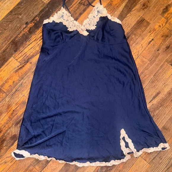 Navy Lace-Trim Satin Chemise Nightdress - Women - Picture 1 of 2